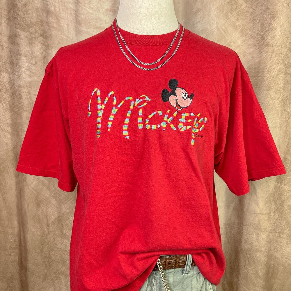 Mickey Mouse T-Shirt Embroidered Disney Red Rainbow Graphic Vintage 90s Top